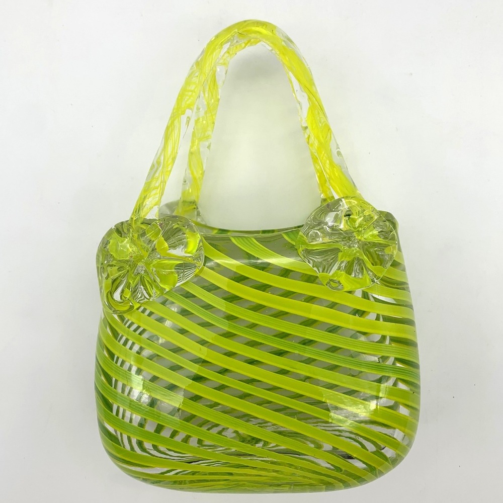 Vintage Hand Blown Art Glass Murano Style Purse Vase Yellow Green Swirl Stripes
